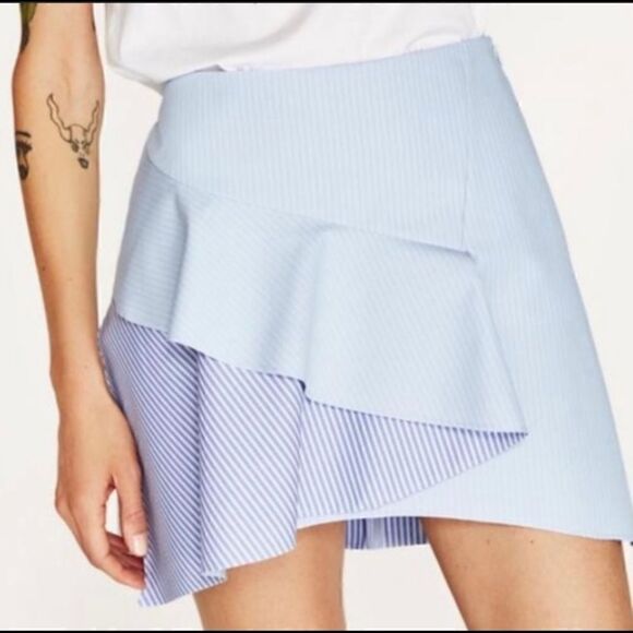Zara Blue White Stripe Ruffle A-Line Mini Skirt Womens Size Medium Flirty Casual - Picture 3 of 7